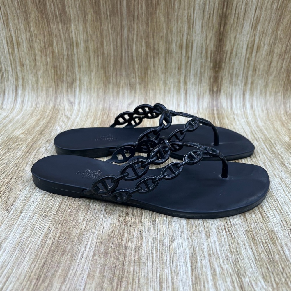 Hermès Island Chaine d'Ancre Jelly Sandals Women's 8 Noir Black Thong Flip Flops